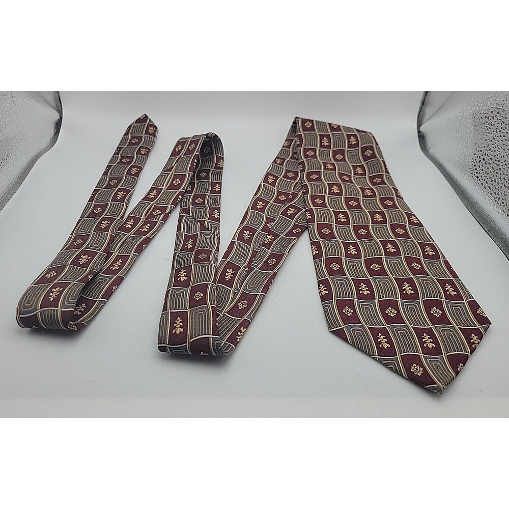 Geoffrey Beene Classic 100% Silk Tie Burgundy, Tan, Gold, Blue Made In USA